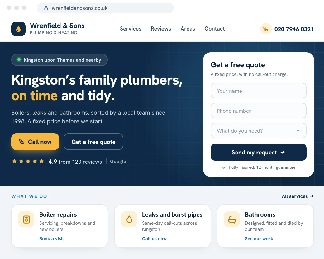 After: the same plumber's homepage, rebuilt with a clear headline, a Call now button, a 4.9 Google rating, three services and a quote form