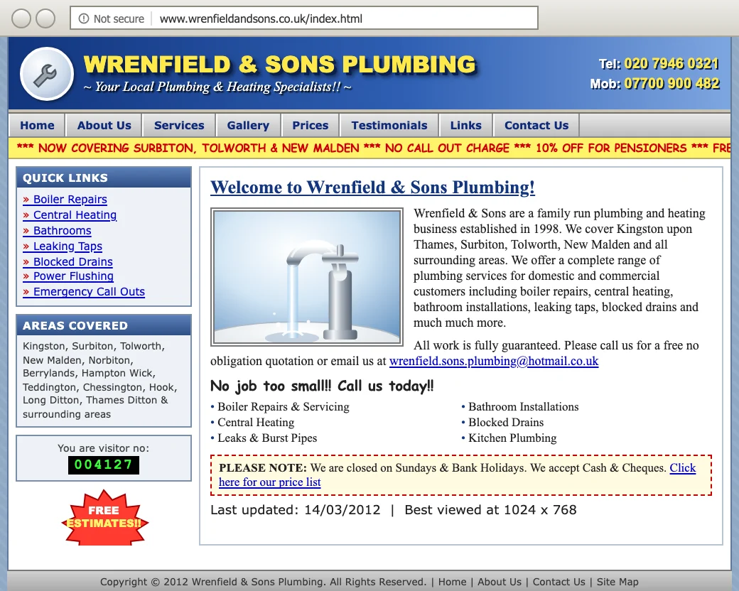 Before: a made-up local plumber's homepage from around 2012, with small text, a stock photo, a Hotmail address and a cluttered sidebar